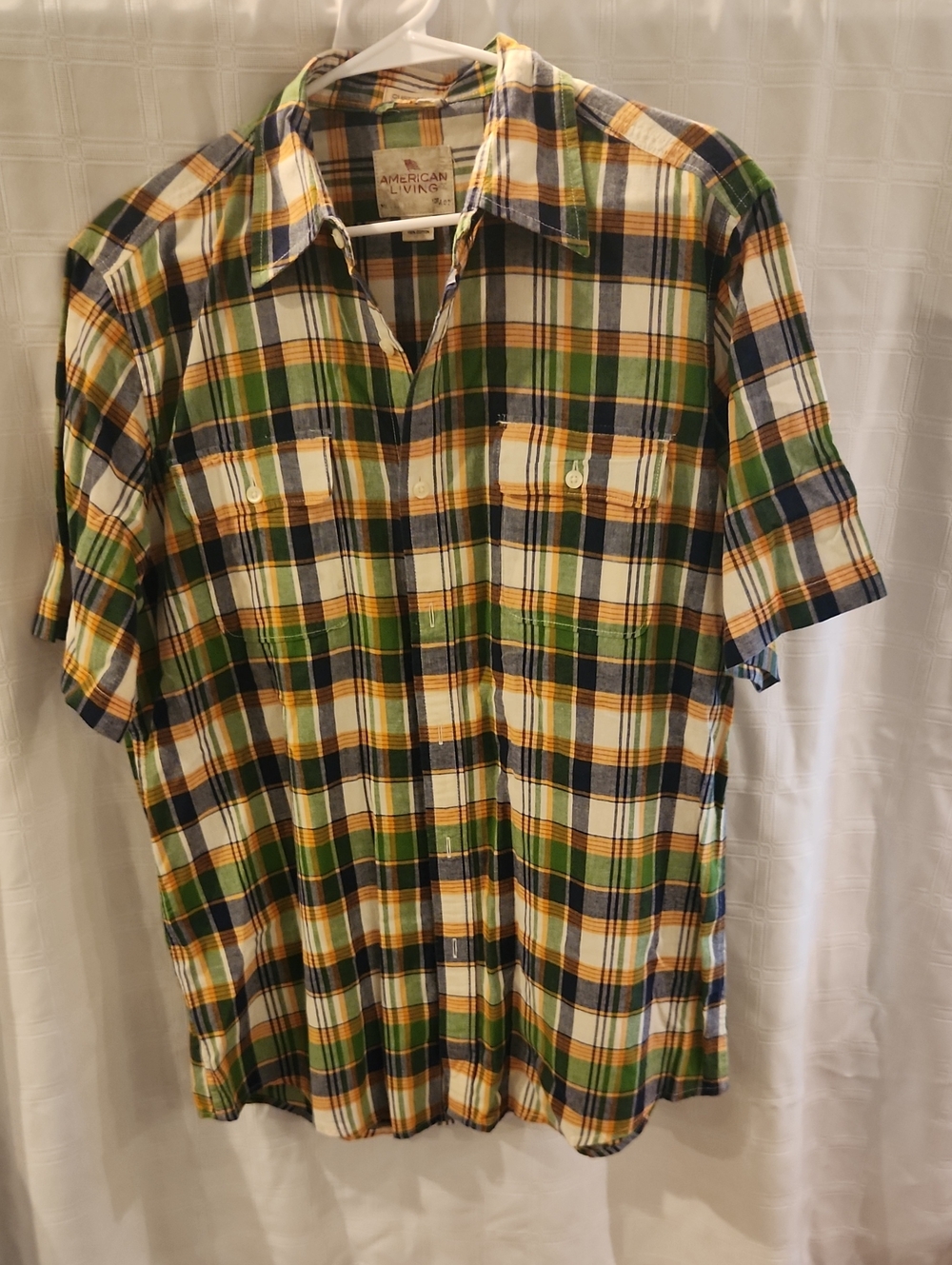American Living Short-Sleeve Plaid Button-Down in Green, Navy & Yellow